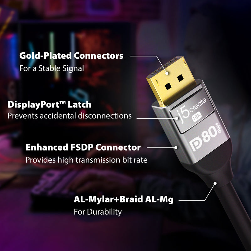 VESA® Certified 16K DisplayPort™ 2.1 80Gbps Cable