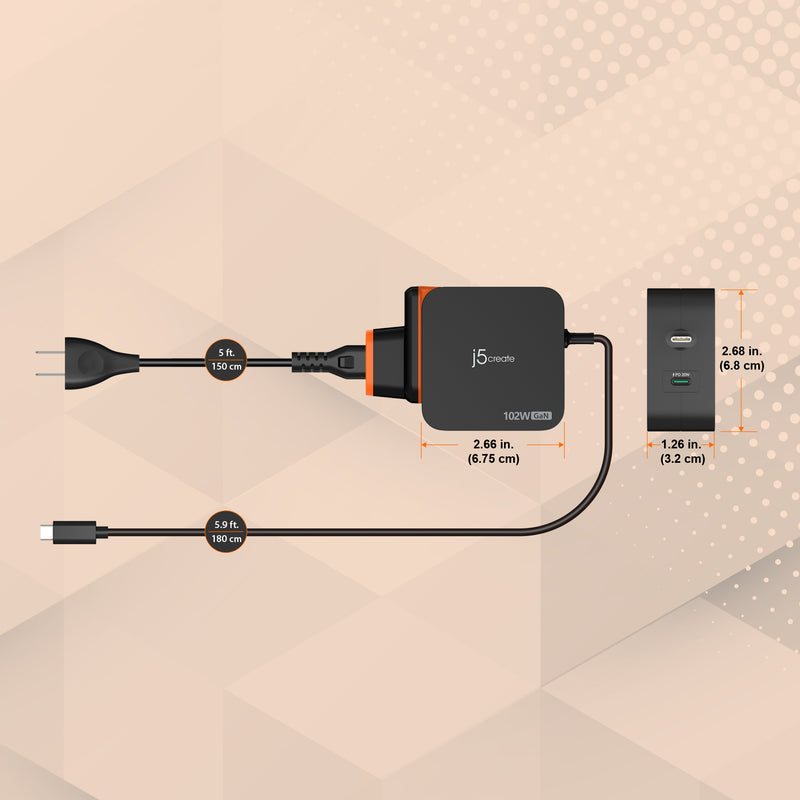 102W Nano Super Charger for USB-C® 2-Port (GaN Power) With AC Extension Kits