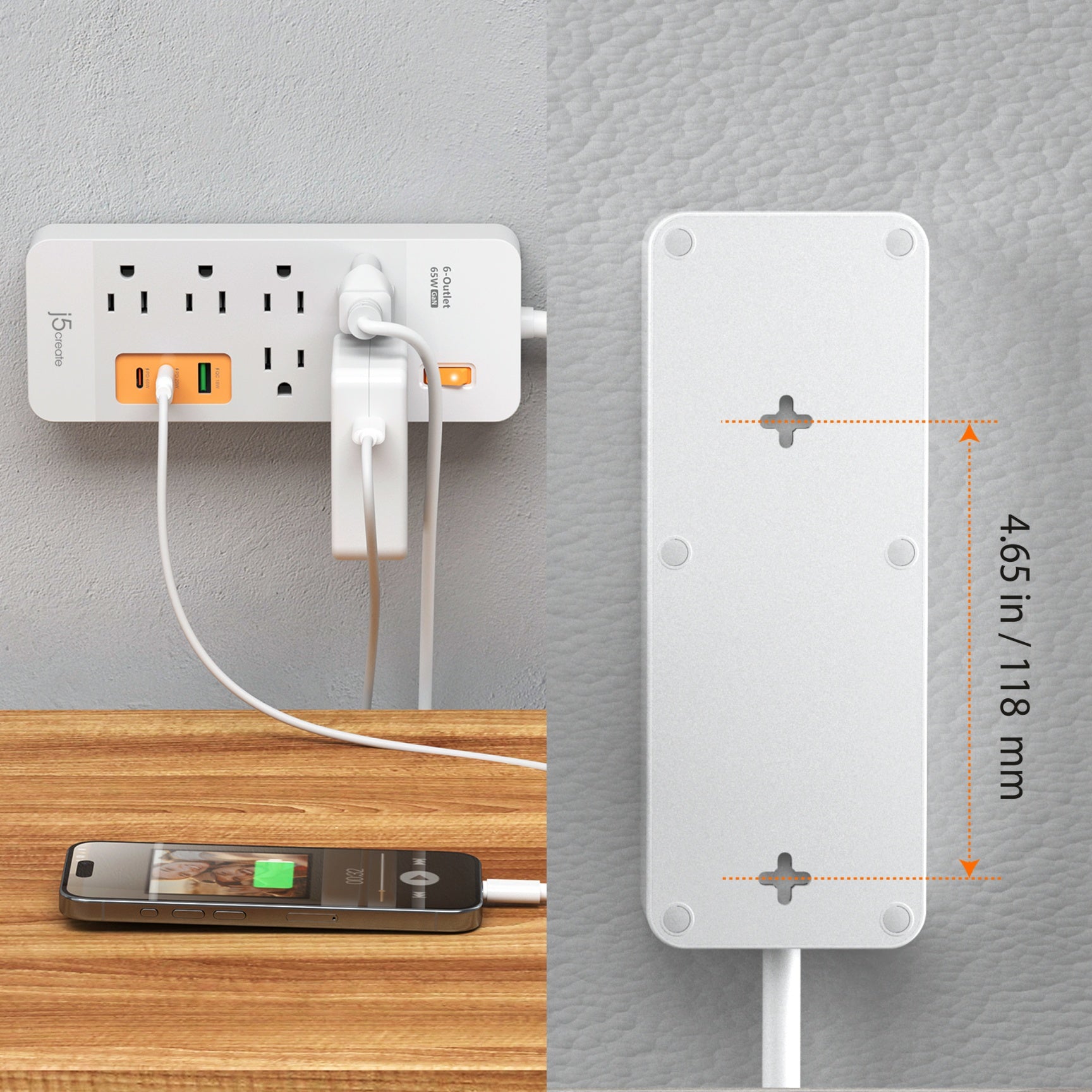 Sharp Side Plug 6-Outlet Surge Protector Power Strip with 3-USB™ 65W Charging Station ...
