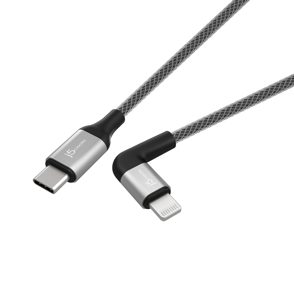 Black mesh cable with right angle USB C to standard lightning connector