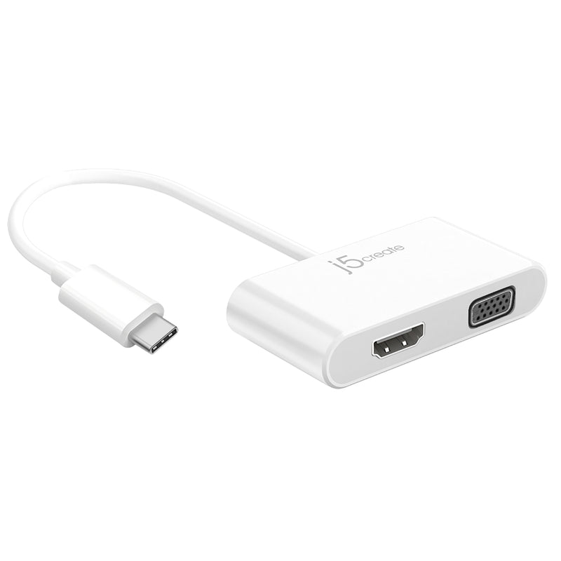 white USB C to dual HDMI and VGA adapter