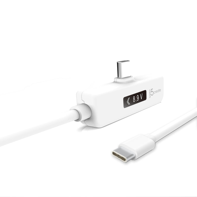 close up of JUCP15 white cable usb c right angled side with OLED power meter and other usb c end 